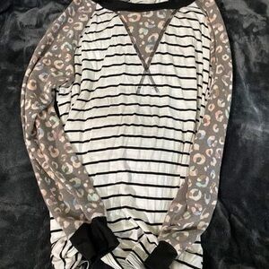 Striped and Leopard Print Long Sleeve Top
